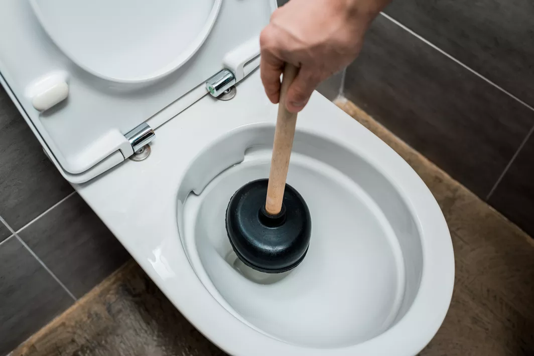 A hand holding a black plunger over the inside of a toilet bowl