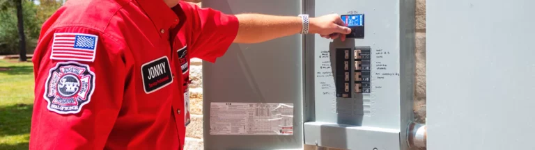 A service worker checks an outdoor electrical panel.