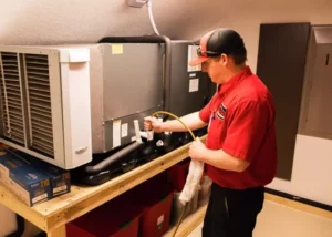 HVAC technician in red shirt inspecting furnace components on wooden platform in utility room.